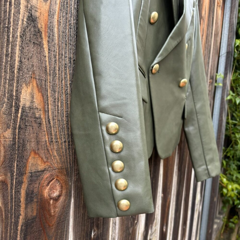 NWOT Olive Green Gold Button Double-breasted Faux Leather Blazer S - Picture 5 of 7